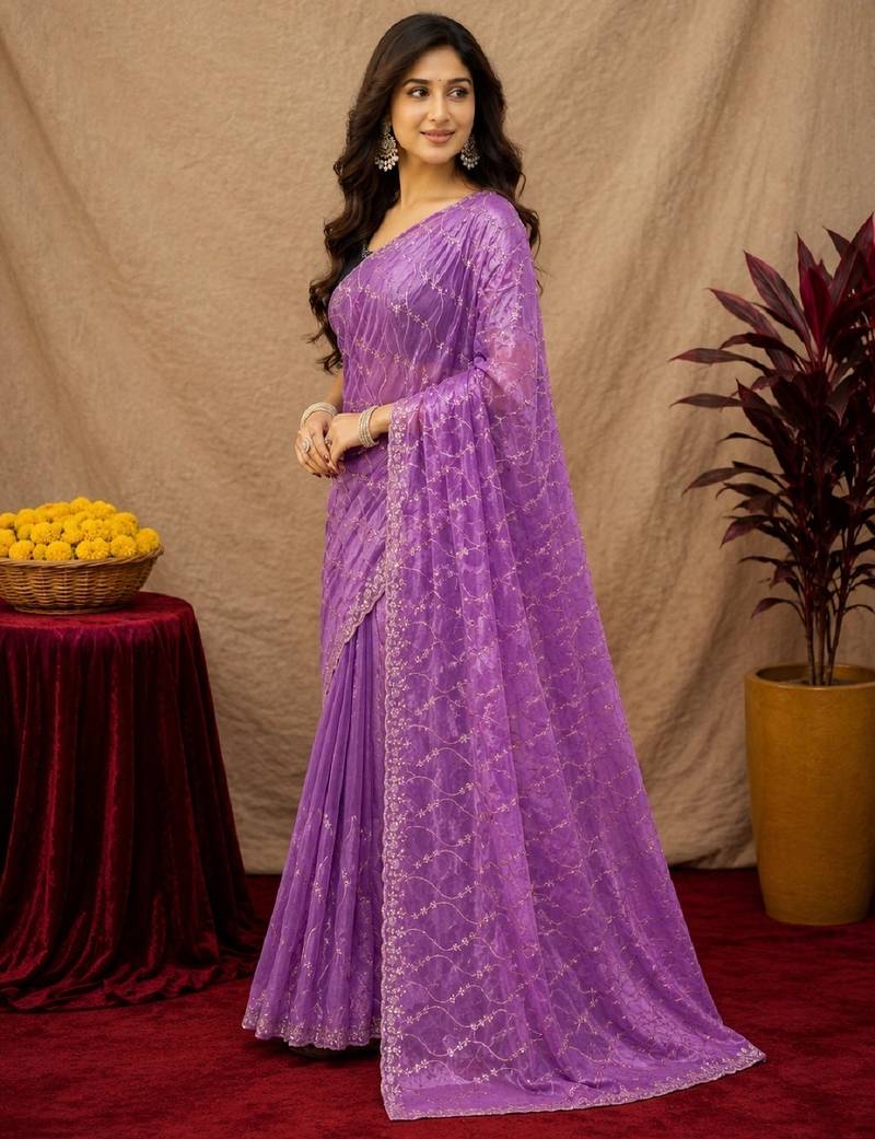 Lavender  soft net sequence emboidery saree with unstitched blouse piece