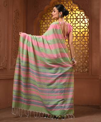 Light green and punch pink cotton handwoven half n half saree with stripe pattern 3