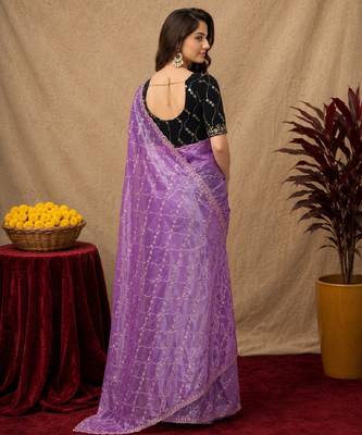 Lavender  soft net sequence emboidery saree with unstitched blouse piece 3
