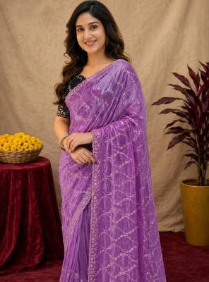 Lavender  soft net sequence emboidery saree with unstitched blouse piece 5