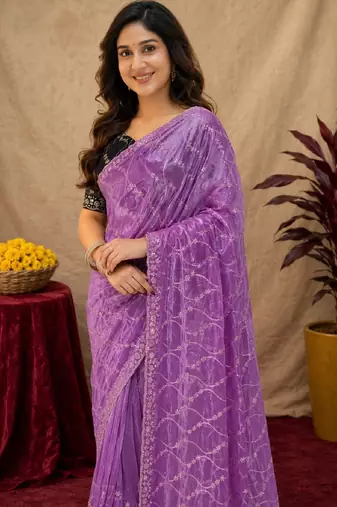 Lavender  soft net sequence emboidery saree with unstitched blouse piece