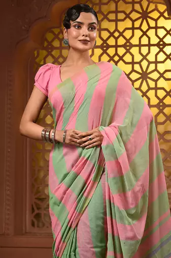 Light green and punch pink cotton handwoven half n half saree with stripe pattern