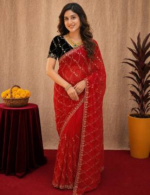 Red  soft net sequence emboidery saree with unstitched blouse piece 1