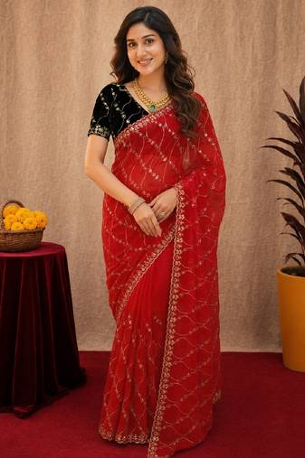 Red  soft net sequence emboidery saree with unstitched blouse piece