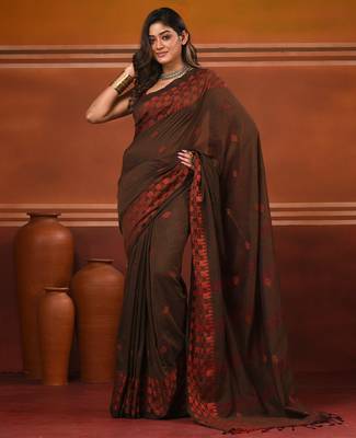 Brown cotton handwoven soft saree with texture pattern 1
