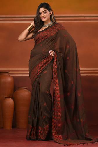 Brown cotton handwoven soft saree with texture pattern