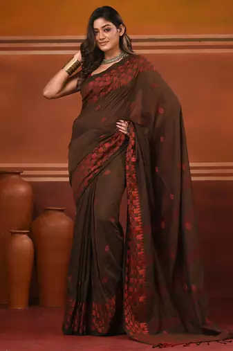 Brown cotton handwoven soft saree with texture pattern