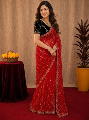 Red  soft net sequence emboidery saree with unstitched blouse piece 2