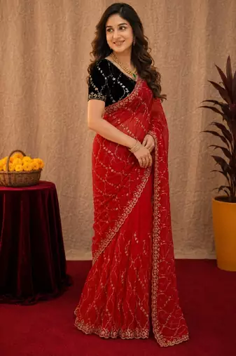 Red  soft net sequence emboidery saree with unstitched blouse piece