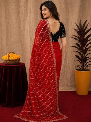 Red  soft net sequence emboidery saree with unstitched blouse piece 3