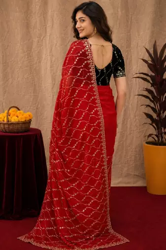 Red  soft net sequence emboidery saree with unstitched blouse piece