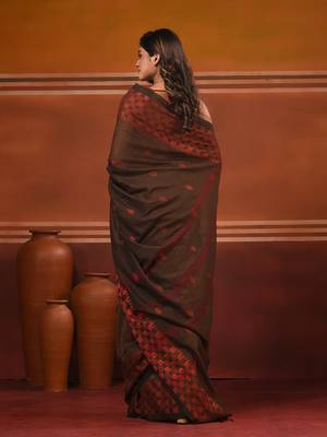 Brown cotton handwoven soft saree with texture pattern 2