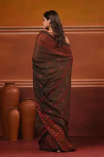 Brown cotton handwoven soft saree with texture pattern