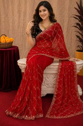 Red  soft net sequence emboidery saree with unstitched blouse piece