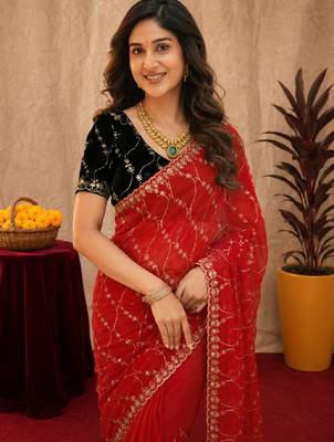 Red  soft net sequence emboidery saree with unstitched blouse piece 5
