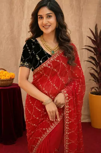 Red  soft net sequence emboidery saree with unstitched blouse piece