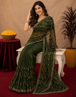 Green  soft net sequence emboidery saree with unstitched blouse piece 1