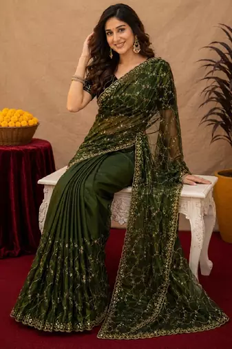 Green  soft net sequence emboidery saree with unstitched blouse piece