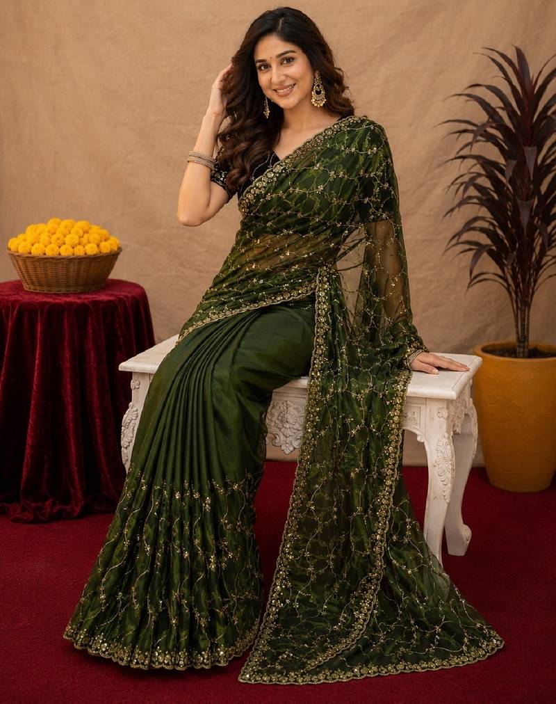 Green  soft net sequence emboidery saree with unstitched blouse piece