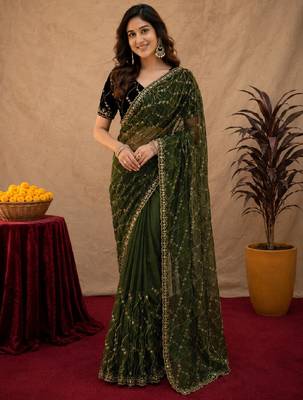 Green  soft net sequence emboidery saree with unstitched blouse piece 2