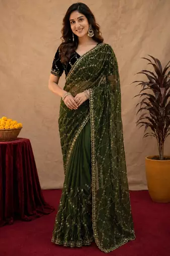 Green  soft net sequence emboidery saree with unstitched blouse piece