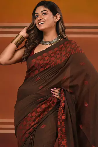 Brown cotton handwoven soft saree with texture pattern