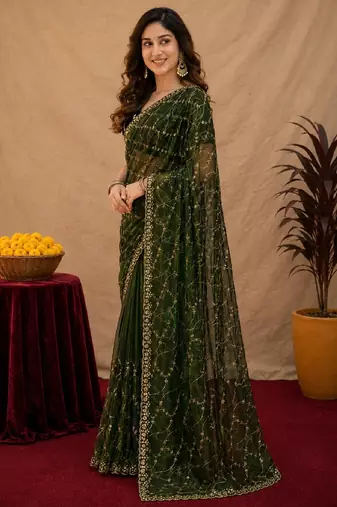 Green  soft net sequence emboidery saree with unstitched blouse piece
