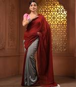 Dark red and steel grey half n half cotton soft saree with pompom