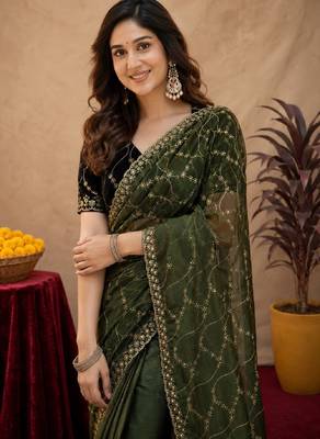 Green  soft net sequence emboidery saree with unstitched blouse piece 5