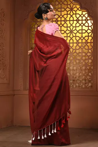 Dark red and steel grey half n half cotton soft saree with pompom