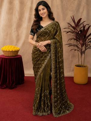 Mehendi  soft net sequence emboidery saree with unstitched blouse piece 1