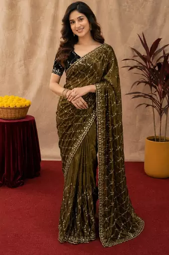 Mehendi  soft net sequence emboidery saree with unstitched blouse piece