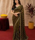 Mehendi  soft net sequence emboidery saree with unstitched blouse piece