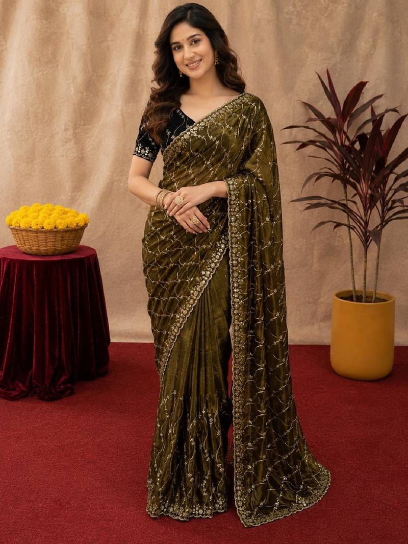 Mehendi  soft net sequence emboidery saree with unstitched blouse piece