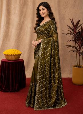 Mehendi  soft net sequence emboidery saree with unstitched blouse piece 2
