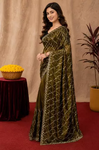 Mehendi  soft net sequence emboidery saree with unstitched blouse piece