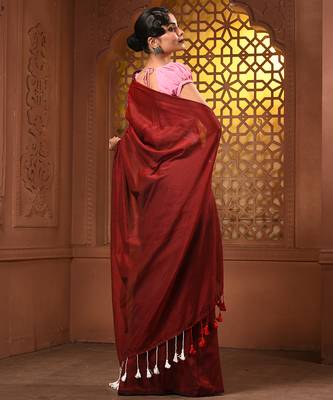 Dark red and steel grey half n half cotton soft saree with pompom 3
