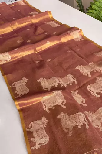 light orange coloer Zari All Over Pichwai Pattern Tilak Butti Motifs tissue saree
