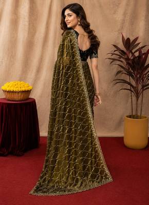 Mehendi  soft net sequence emboidery saree with unstitched blouse piece 3