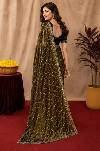 Mehendi  soft net sequence emboidery saree with unstitched blouse piece