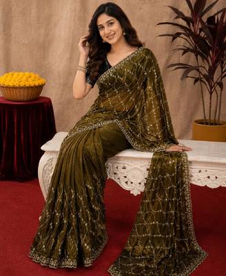 Mehendi  soft net sequence emboidery saree with unstitched blouse piece 4
