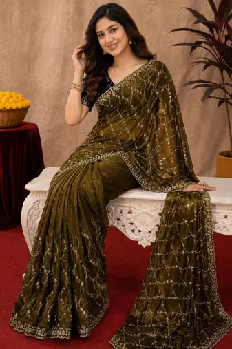 Mehendi  soft net sequence emboidery saree with unstitched blouse piece