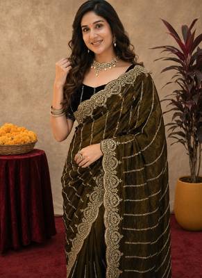 Mehendi  soft net sequence emboidery saree with unstitched blouse piece 5