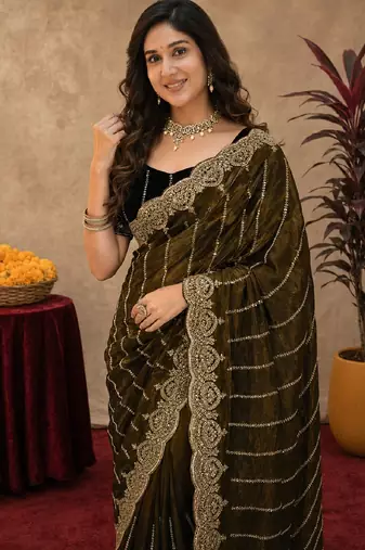 Mehendi  soft net sequence emboidery saree with unstitched blouse piece