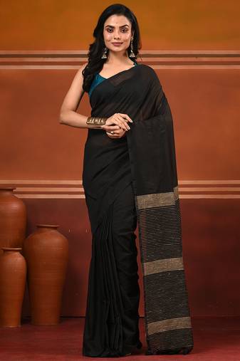 Black cotton soft saree with solid pattern