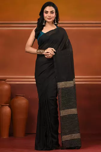 Black cotton soft saree with solid pattern