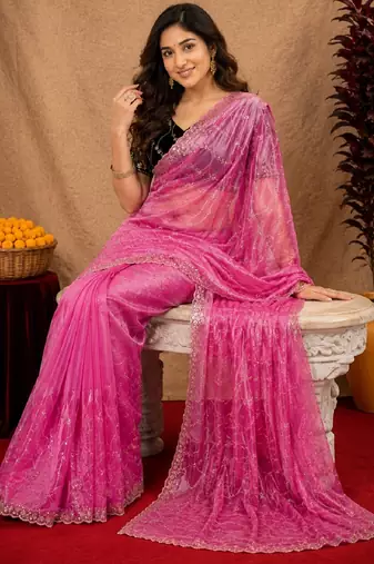 Baby pink  soft net sequence emboidery saree with unstitched blouse piece