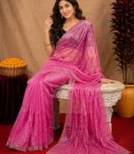 Baby pink  soft net sequence emboidery saree with unstitched blouse piece
