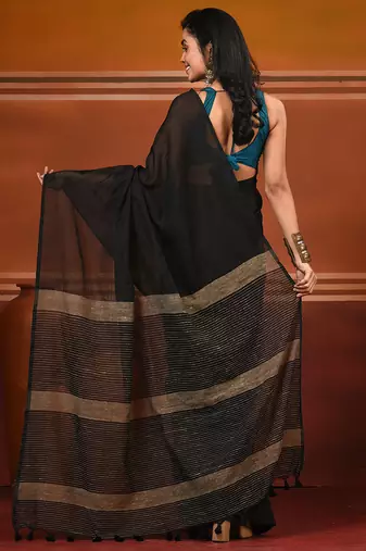 Black cotton soft saree with solid pattern