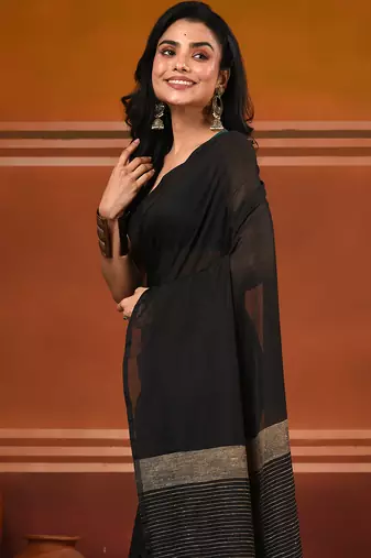 Black cotton soft saree with solid pattern